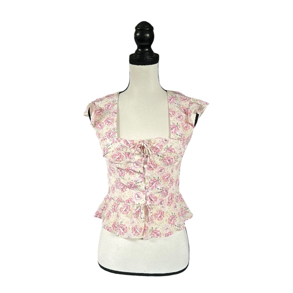SALE INTERMIX Silk Floral Lace Up Peplum Top Cream Pink Coquette Feminine Size 2